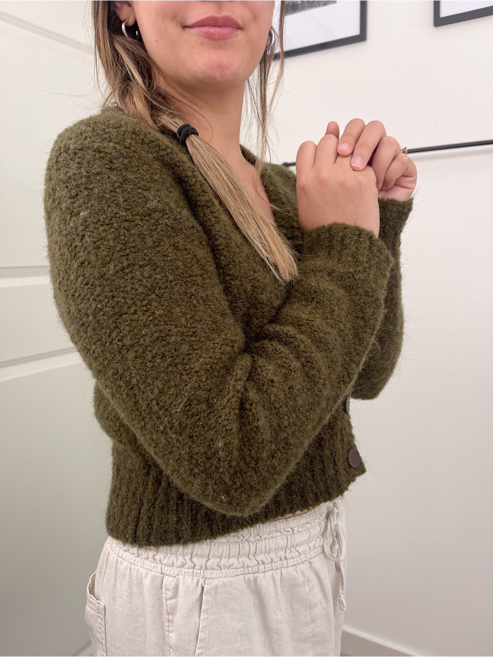 Nina Leonard Olive Green Wool Blend Cozy Button Cardigan - Picture 5 of 5
